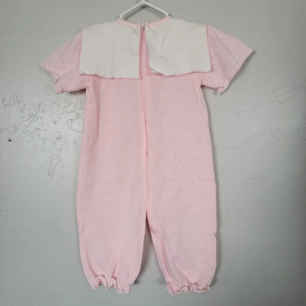Friemanit Vintage Baby Girl 9 Months Light Pink Knit Outfit Square Collar Bear